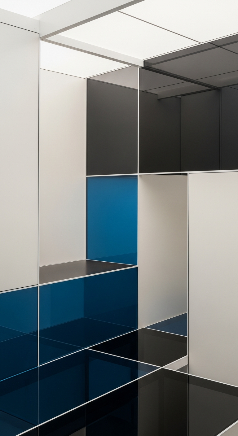 AI_IMAGE: Abstract architectural composition showing intersecting geometric planes and grid structures in warm white, cool petrol blue, and charcoal tones. Clean lines, subtle depth through overlapping translucent panels, with a Swiss design sensibility. Millimeter-precise edges, no decoration, only structure. Inspired by Dieter Rams and Josef Mueller-Brockmann. Muted natural lighting from above. | minimalist | portrait