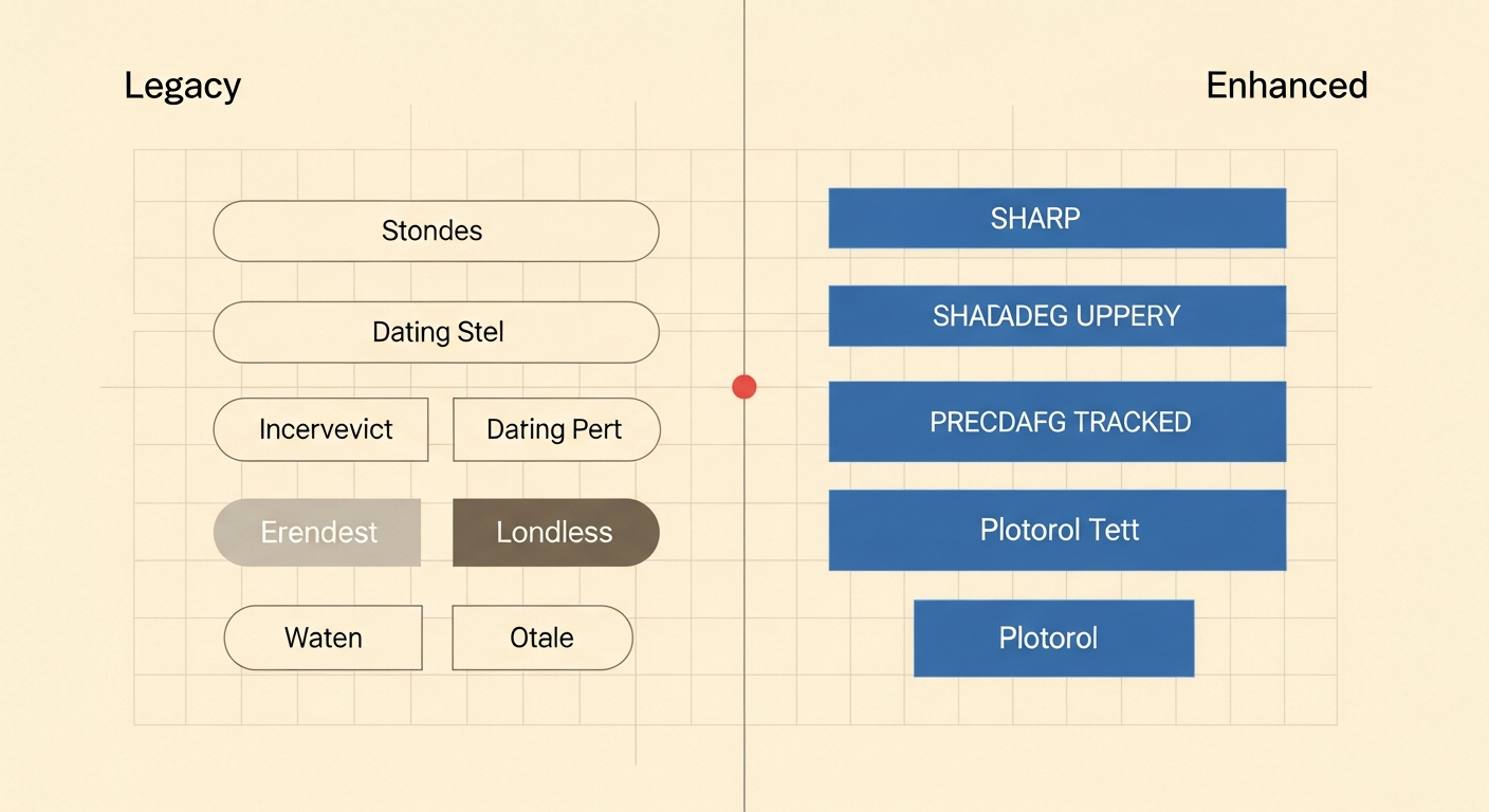 AI_IMAGE: A clean split-screen comparison showing two sets of website UI buttons side by side. Left side labeled 'Legacy' shows rounded, inconsistent button styles with mixed padding. Right side labeled 'Enhanced' shows sharp-edged, precisely tracked uppercase buttons with consistent petrol blue color and uniform spacing. Warm parchment background, Swiss grid overlay visible faintly. Technical documentation style. | minimalist | landscape